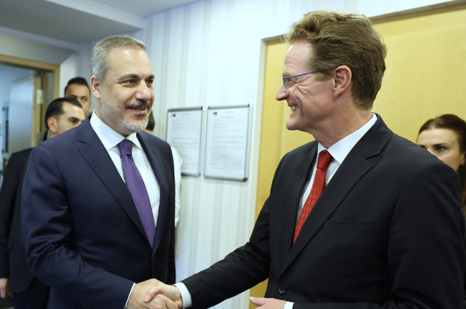 Foreign Minister Hakan Fidan (L) shakes hands with Nikolaus Meyer-Landrut, ambassador and head of the EU delegation to Türkiye, in the capital Ankara, Türkiye, Oct. 30, 2023. (AA Photo)