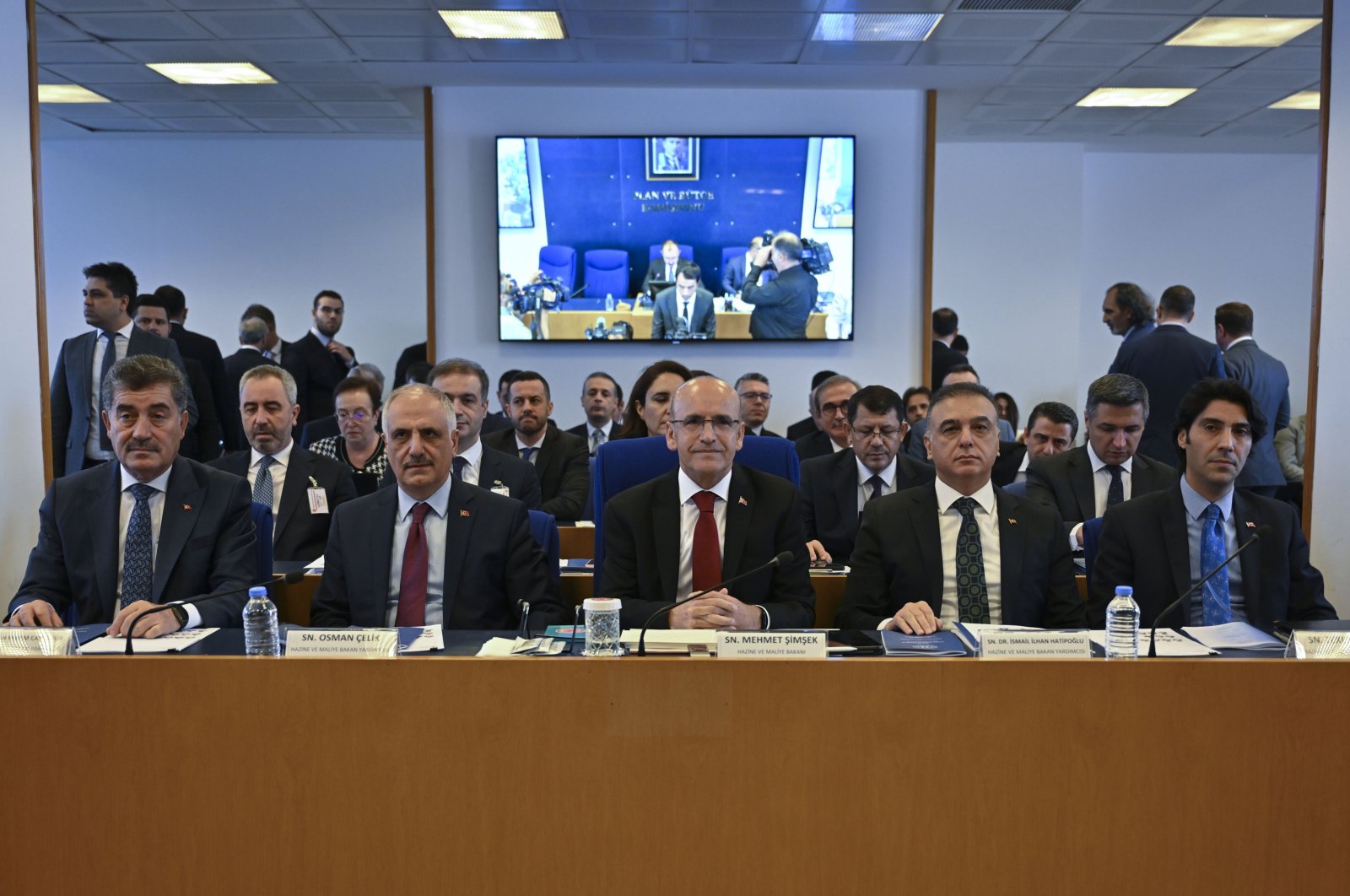 Treasury and Finance Minister Mehmet Şimşek (C) during discussions on the 2024 central government budget proposal at Parliament&#039;s Planning and Budget Commission, Ankara, Türkiye, Oct. 31, 2023. (AA Photo)