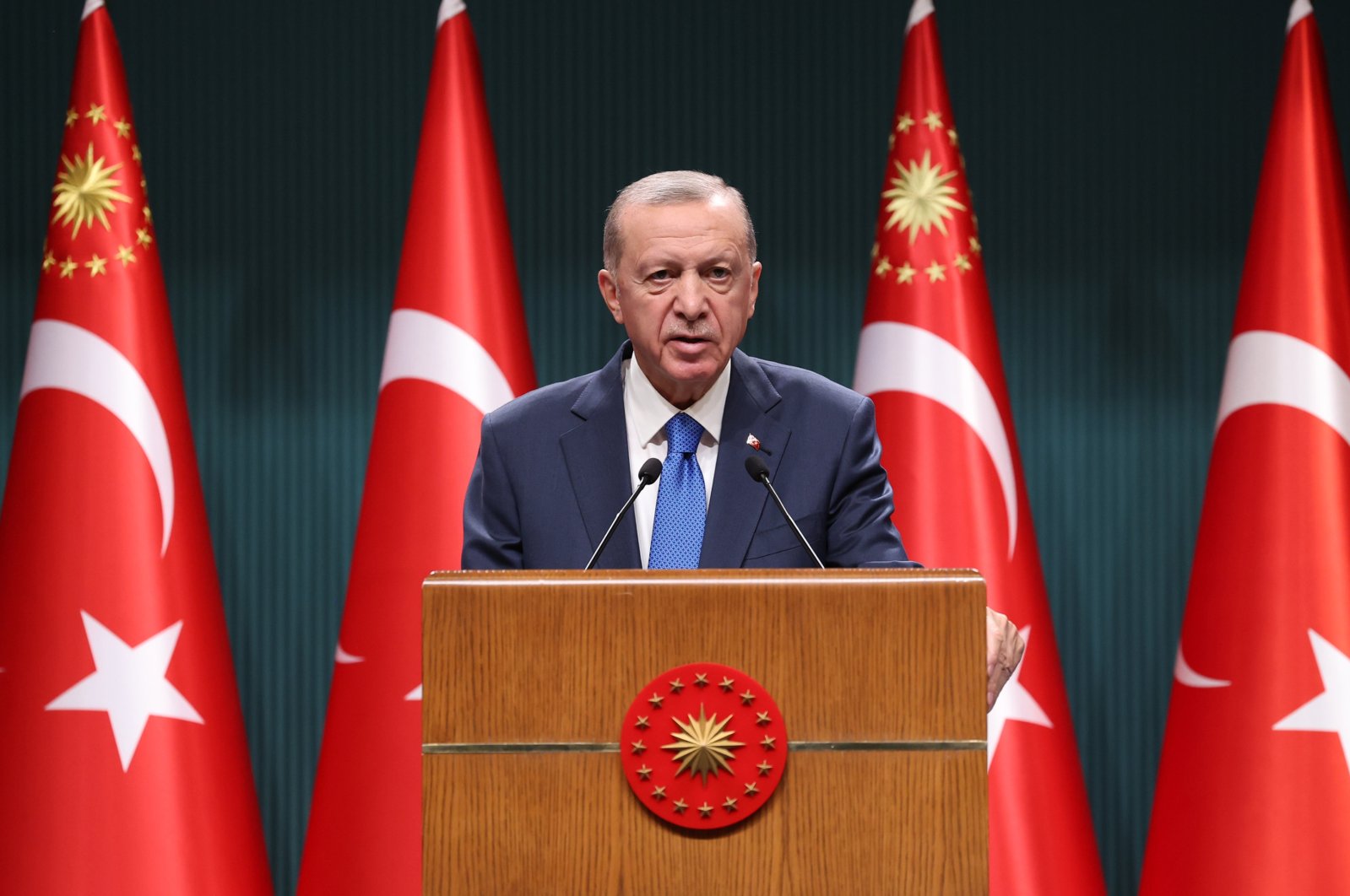 President Recep Tayyip Erdoğan speaks to reporters following a cabinet meeting in Ankara, Oct. 9, 2023. (AA Photo)