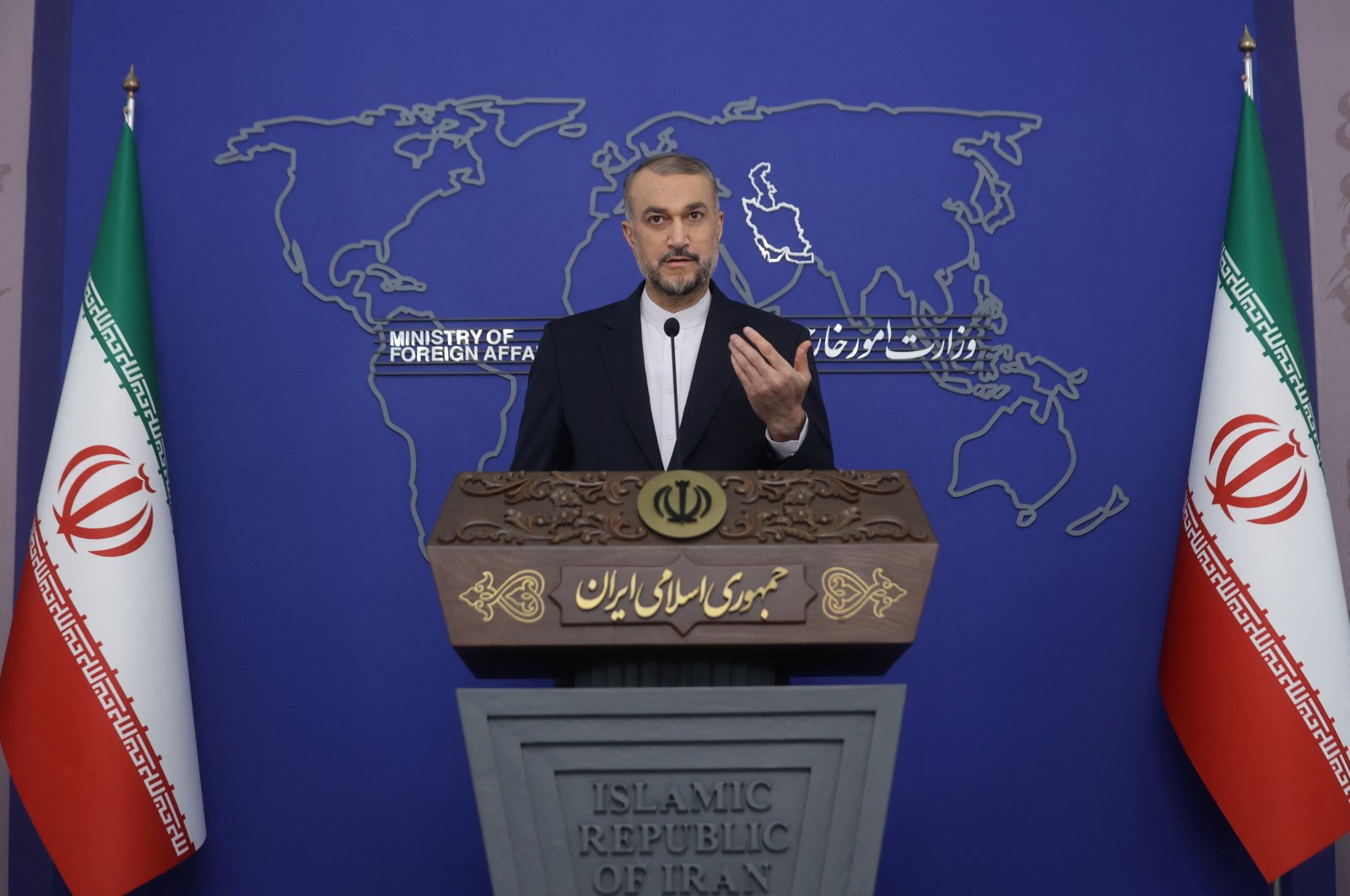 Iranian Foreign Minister Hossein Amir-Abdollahian speaks during a press conference after the second 3 3 Regional platform summit in Tehran, Iran, Oct. 23, 2023. (Reuters Photo)