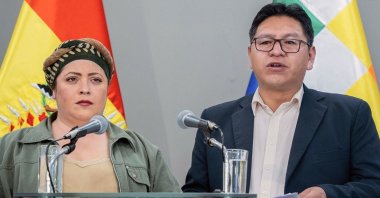 Bolivia&#039;s Deputy Foreign Minister Freddy Mamani (R) speaks next to the minister of the presidency Maria Nela Prada at a press conference announcing that Bolivia will break relations with Israel, Oct. 31, 2023. (AFP Photo)
