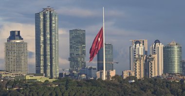 A view of a Turkish flag on half-mast after Türkiye declared 3 days of national mourning due to Israel&#039;s attacks on civilians in Gaza, in Istanbul, Türkiye, Oct. 19, 2023. (AA Photo)