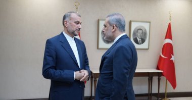 A handout picture made available by the Iranian Foreign Ministry shows Iranian Foreign Minister Hossein Amirabdollahian (L) speaking with Foreign Minister Hakan Fidan (R), during a meeting in Ankara, Türkiye, Nov. 1, 2023. (EPA Photo)