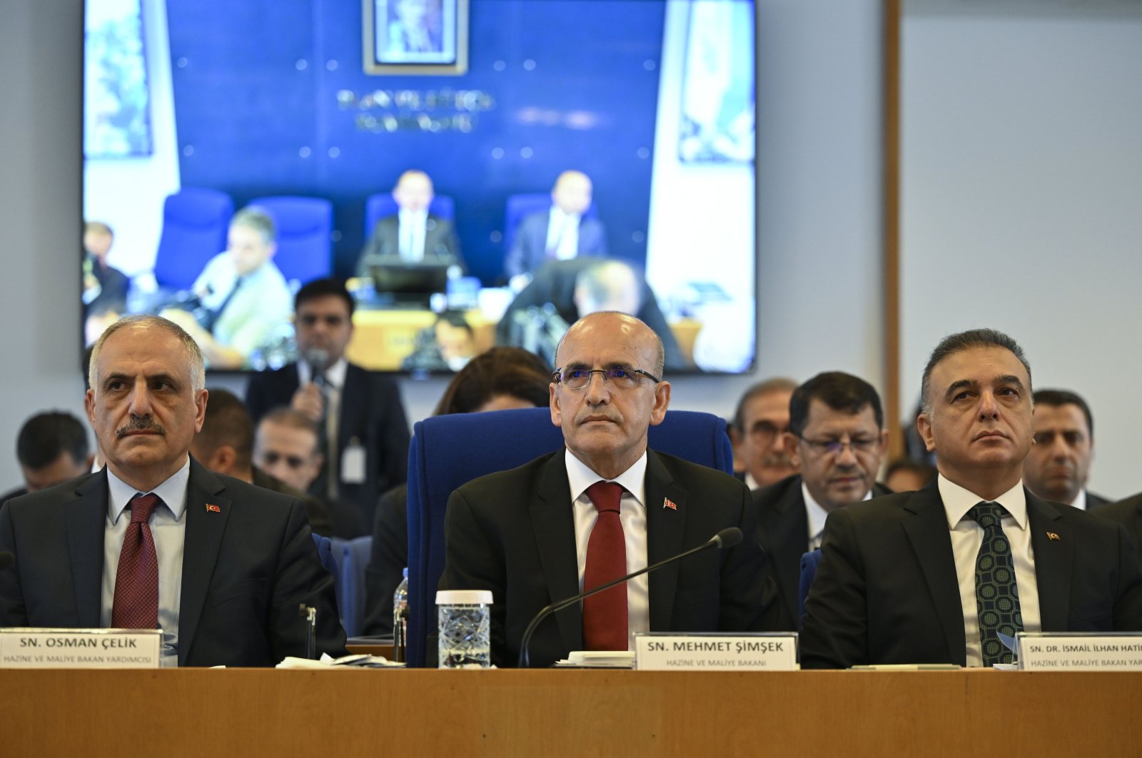 Treasury and Finance Minister Mehmet Şimşek (C) attends discussions on the 2024 central government budget proposal at Parliament&#039;s Planning and Budget Commission, Ankara, Türkiye, Oct. 31, 2023. (AA Photo)