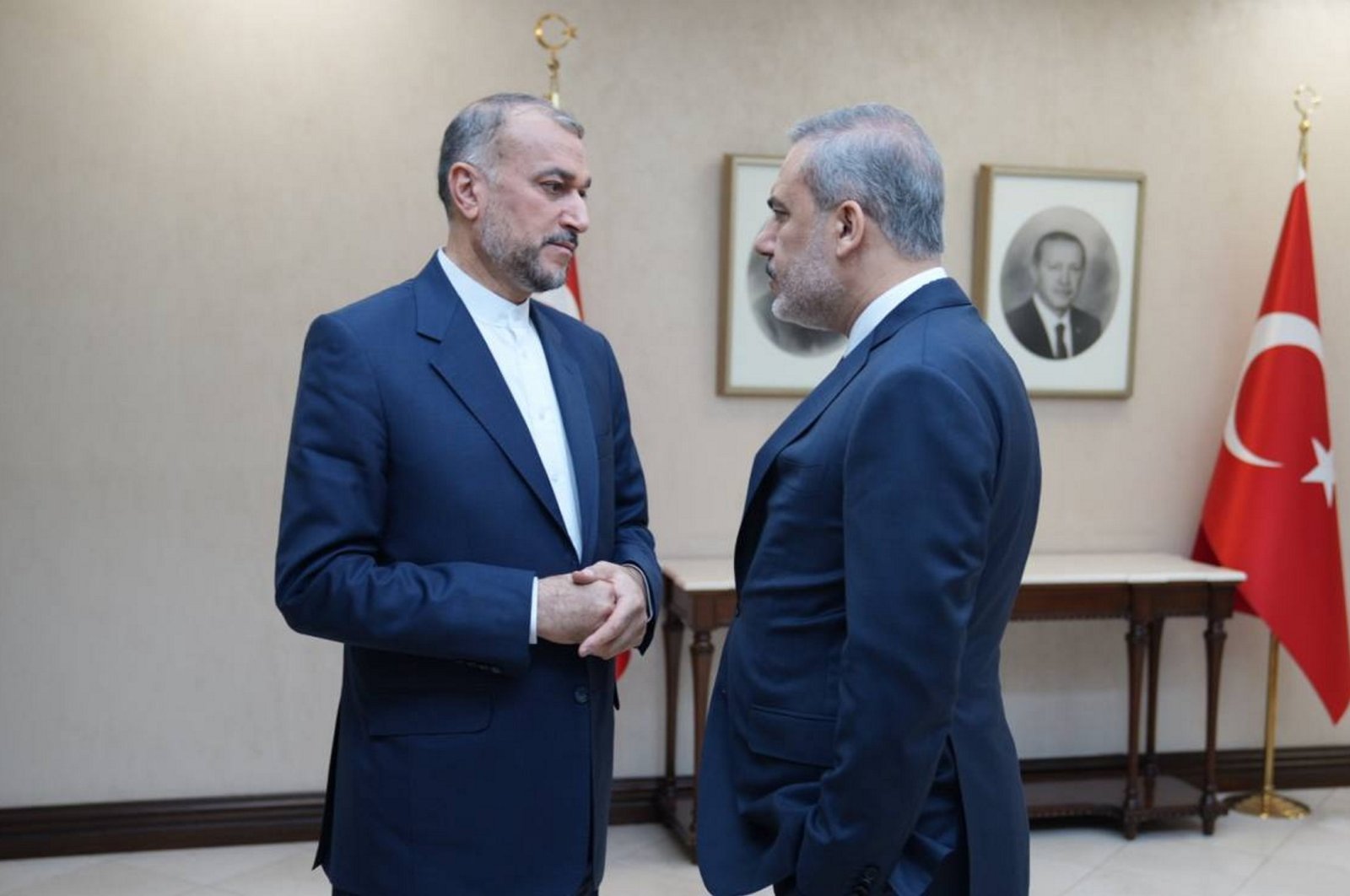 A handout picture made available by the Iranian Foreign Ministry shows Iranian Foreign Minister Hossein Amirabdollahian (L) speaking with Foreign Minister Hakan Fidan (R), during a meeting in Ankara, Türkiye, Nov. 1, 2023. (EPA Photo)