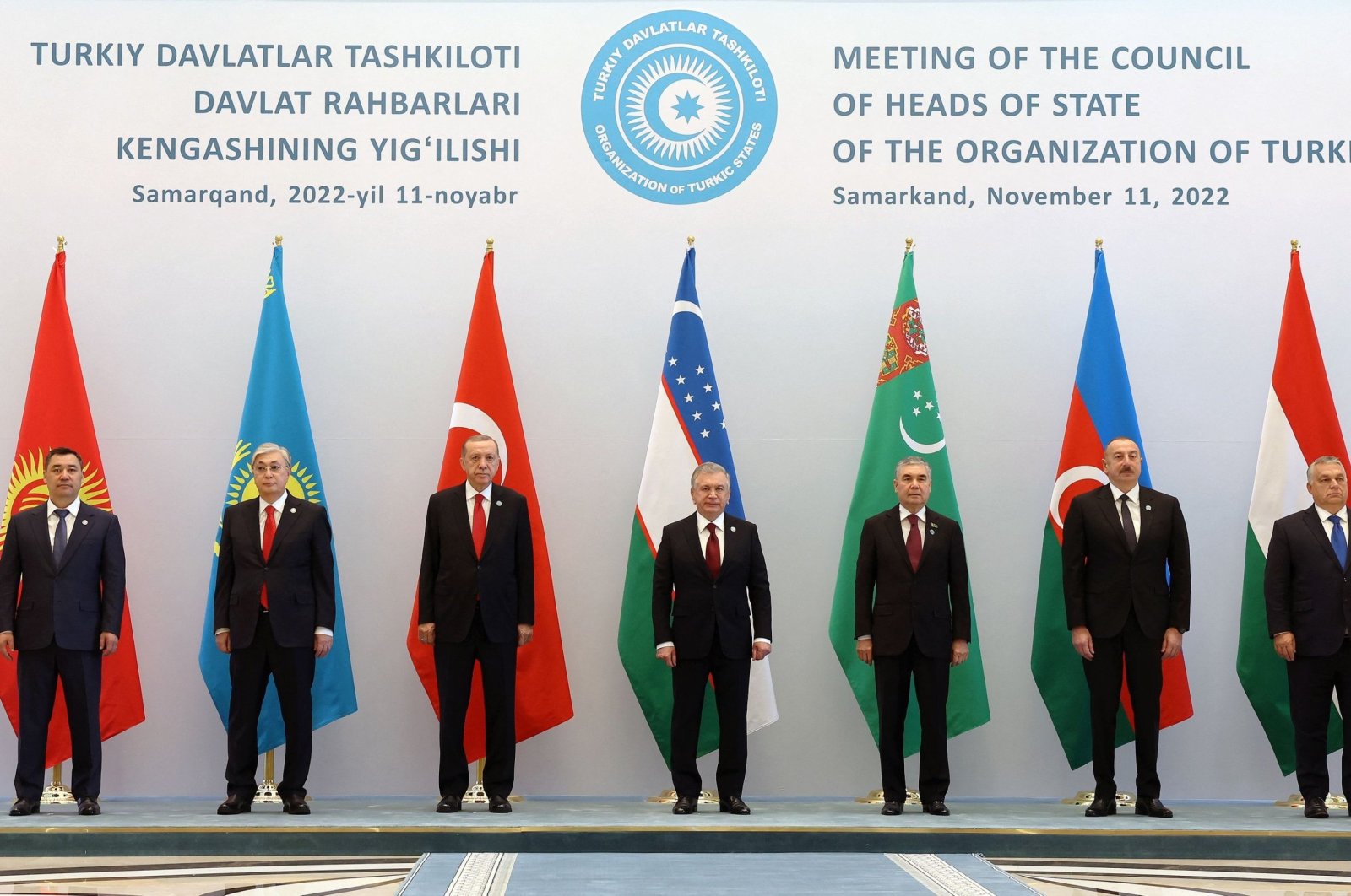 Heads of state stand during the 9th Summit of the Organization of Turkic States (OTS) in Samarkand, Uzbekistan, Nov. 11, 2022. (AFP File Photo)