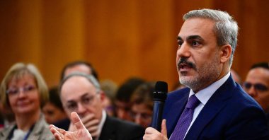 Foreign Minister Hakan Fidan addresses guests during the event, Berlin, Germany, Nov. 2, 2023. (AFP Photo)