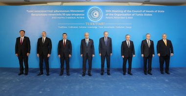 From left to right, Secretary-General of the Organization of Turkic States (OTS) Kubanychbek Omuraliev, Azerbaijani President Ilham Aliyev, Kyrgyz President Sadyr Japarov, Kazakhstan’s President Kassym-Jomart Tokayev, President Recep Tayyip Erdoğan, Uzbek President Shavkat Mirziyoyev, former President of Turkmenistan Gurbanguly Berdimuhamedow and Hungarian Prime Minister Viktor Orban pose for a family picture during the 10th summit of the OTS in Astana, Kazakhstan, Nov. 3, 2023. (AA Photo)