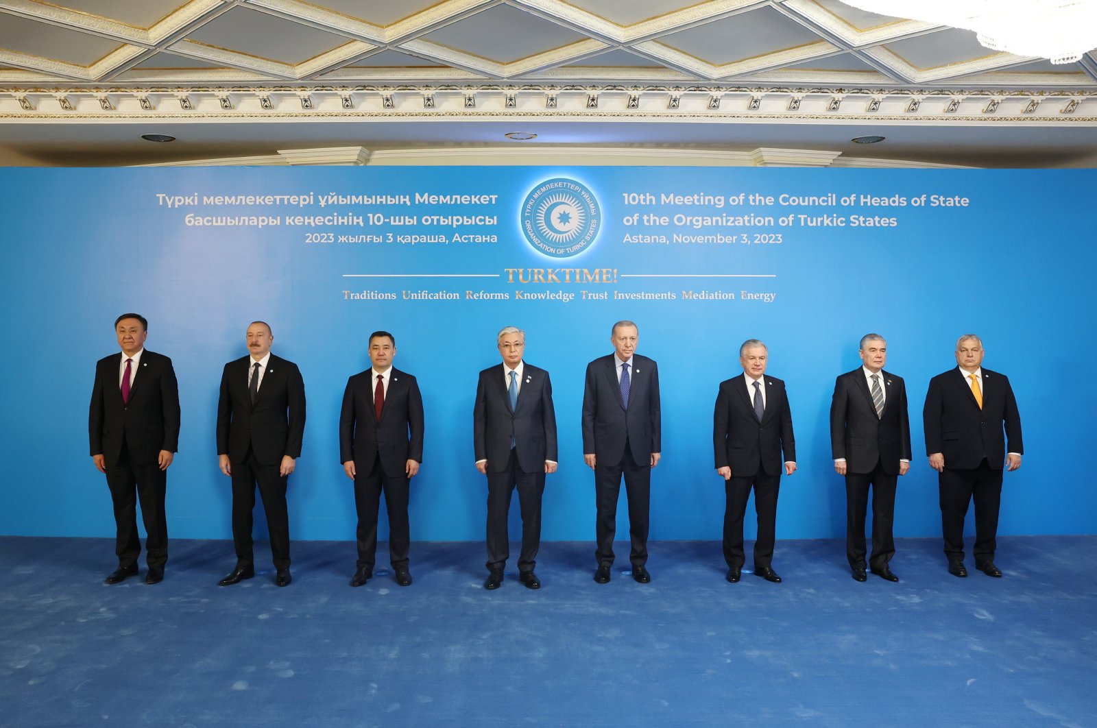 From left to right, Secretary-General of the Organization of Turkic States (OTS) Kubanychbek Omuraliev, Azerbaijani President Ilham Aliyev, Kyrgyz President Sadyr Japarov, Kazakhstan’s President Kassym-Jomart Tokayev, President Recep Tayyip Erdoğan, Uzbek President Shavkat Mirziyoyev, former President of Turkmenistan Gurbanguly Berdimuhamedow and Hungarian Prime Minister Viktor Orban pose for a family picture during the 10th summit of the OTS in Astana, Kazakhstan, Nov. 3, 2023. (AA Photo)