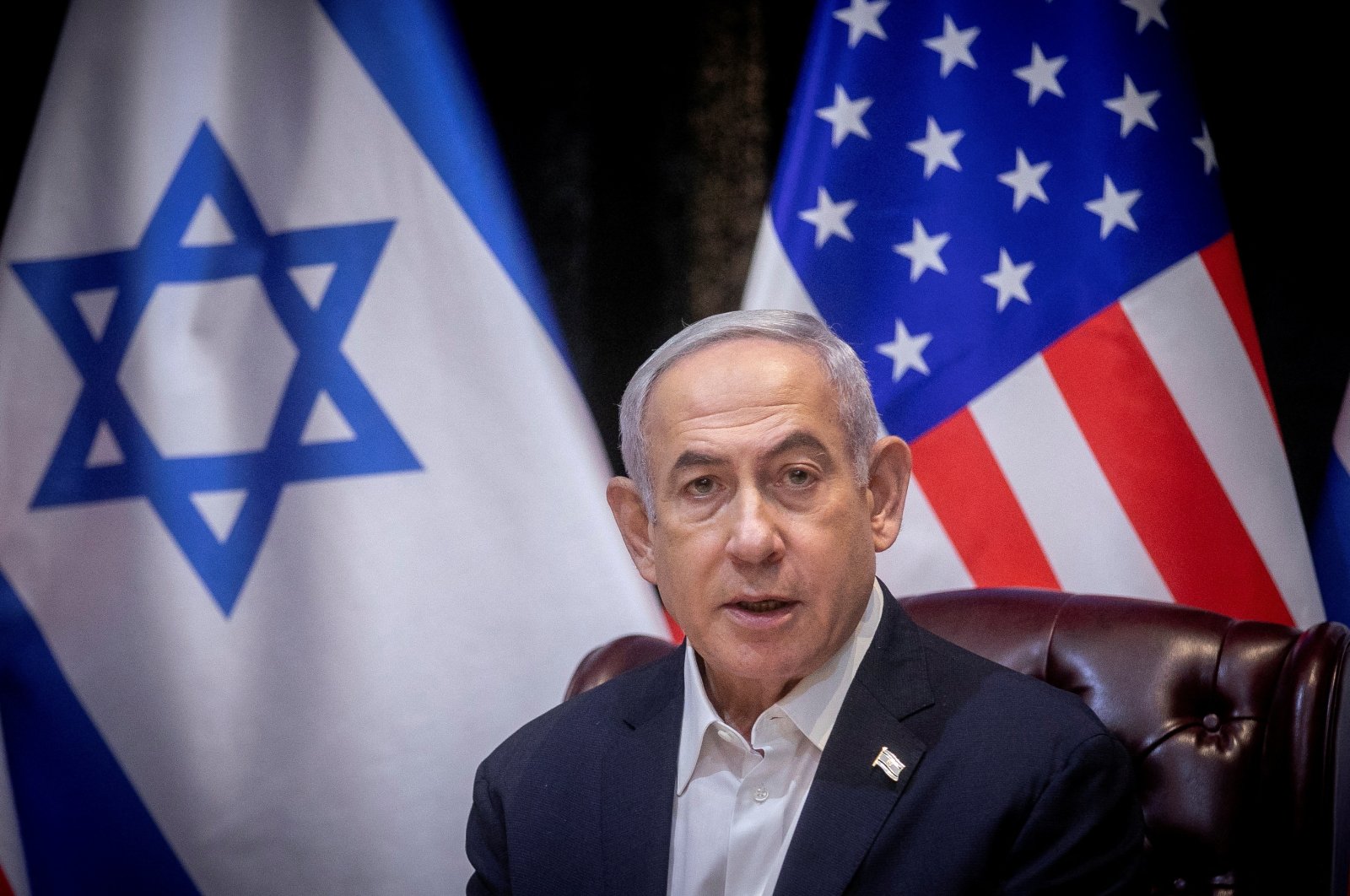 Israeli Prime Minister Benjamin Netanyahu speaks during a meeting with U.S. President Joe Biden to discuss the ongoing conflict between Israel and Hamas, in Tel Aviv, Israel, Oct. 18, 2023. (Reuters Photo)