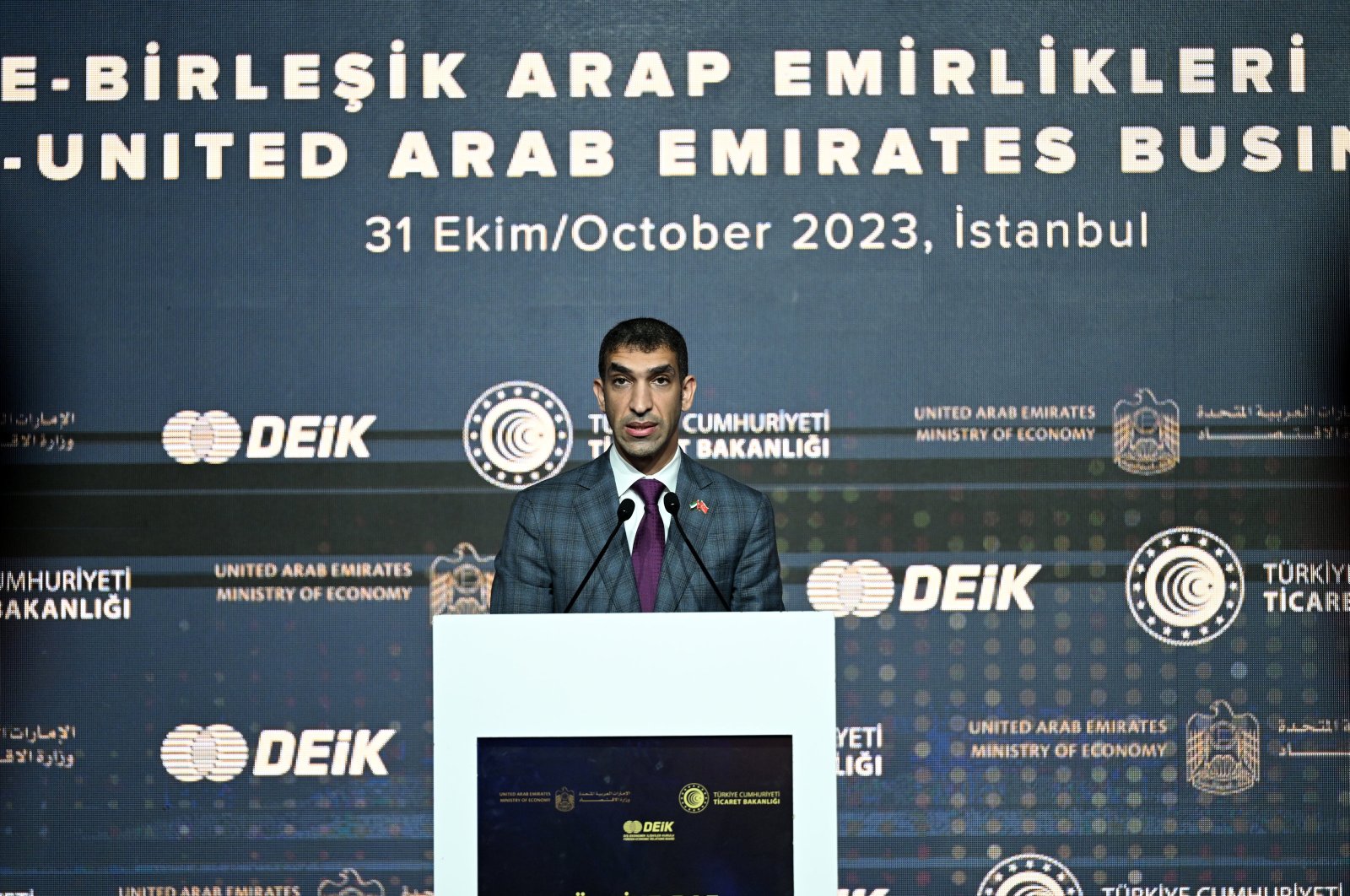 Thani Bin Ahmed Al Zeyoudi, the UAE’s minister of state for foreign trade, delivers a speech during the Türkiye-United Arab Emirates Business Forum, Istanbul, Türkiye, Oct. 31, 2023. (AA Photo)