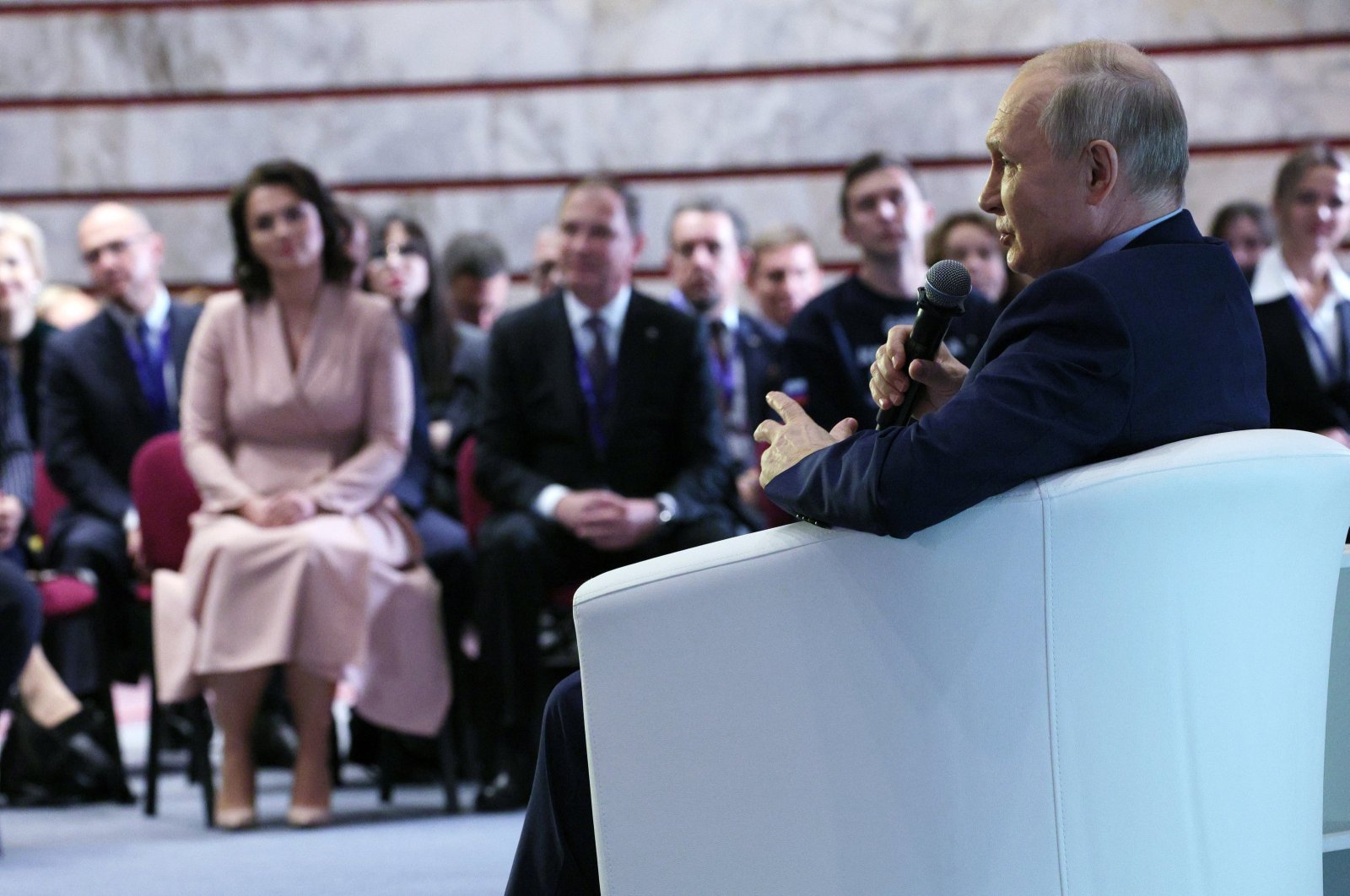 Russian President Vladimir Putin (R) speaks at a meeting in Moscow, Russia, Nov. 3, 2023. (EPA Photo)