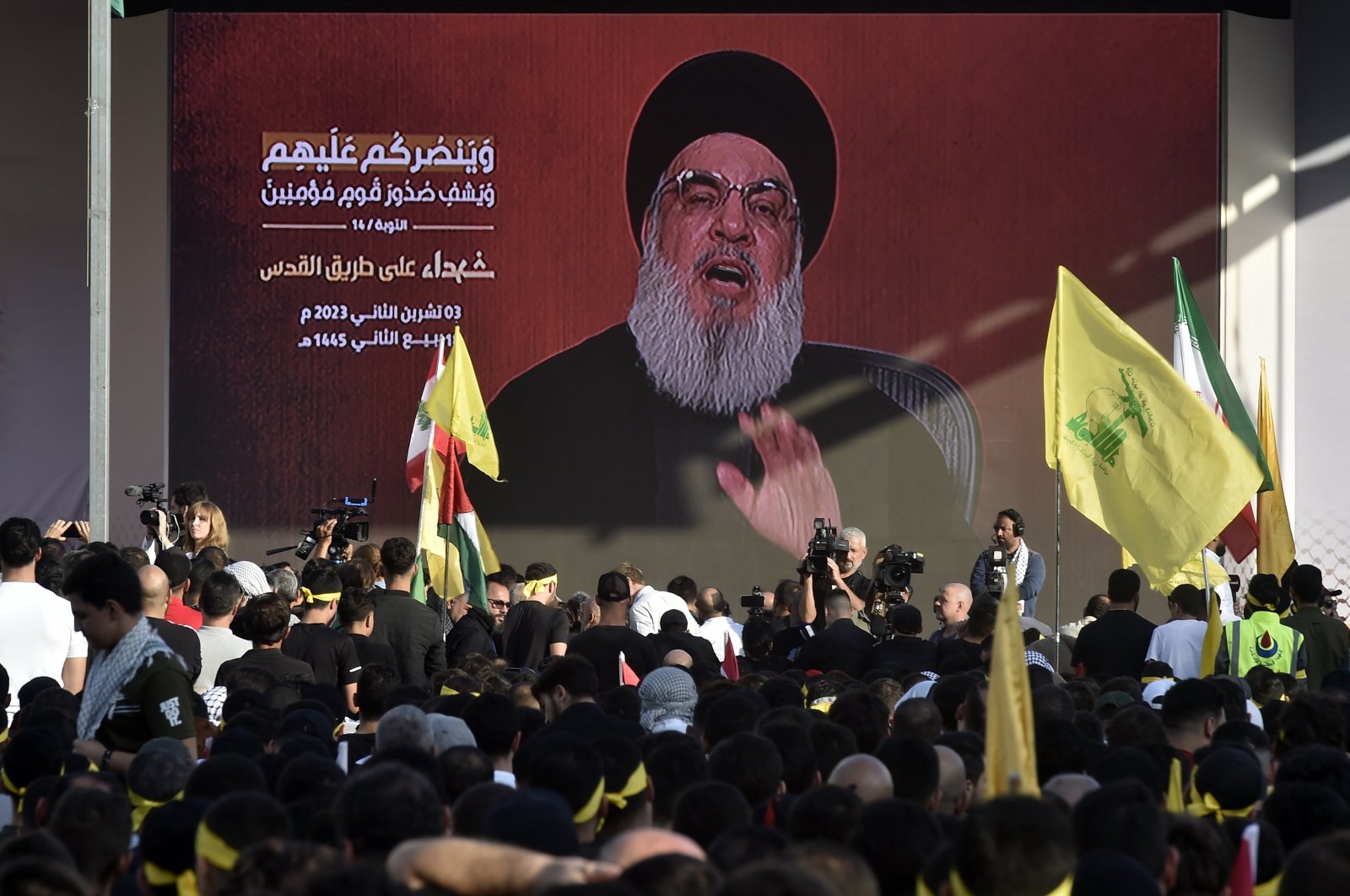 Hezbollah supporters follow the speech of Hezbollah leader Hassan Nasrallah on a screen in a southern suburb of Beirut, Lebanon, Nov. 3, 2023. (EPA Photo)