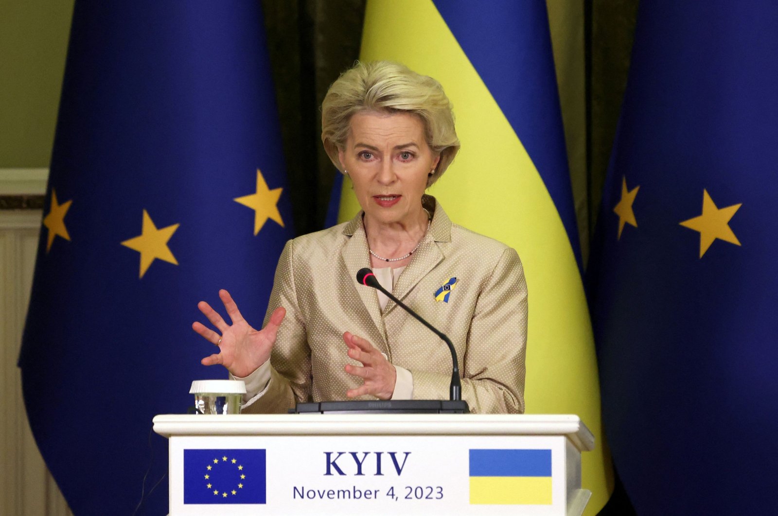 European Commission President Ursula von der Leyen speaks during a joint news conference with Ukraine&#039;s President following their talks in Kyiv on Nov. 4, 2023. (AFP Photo)