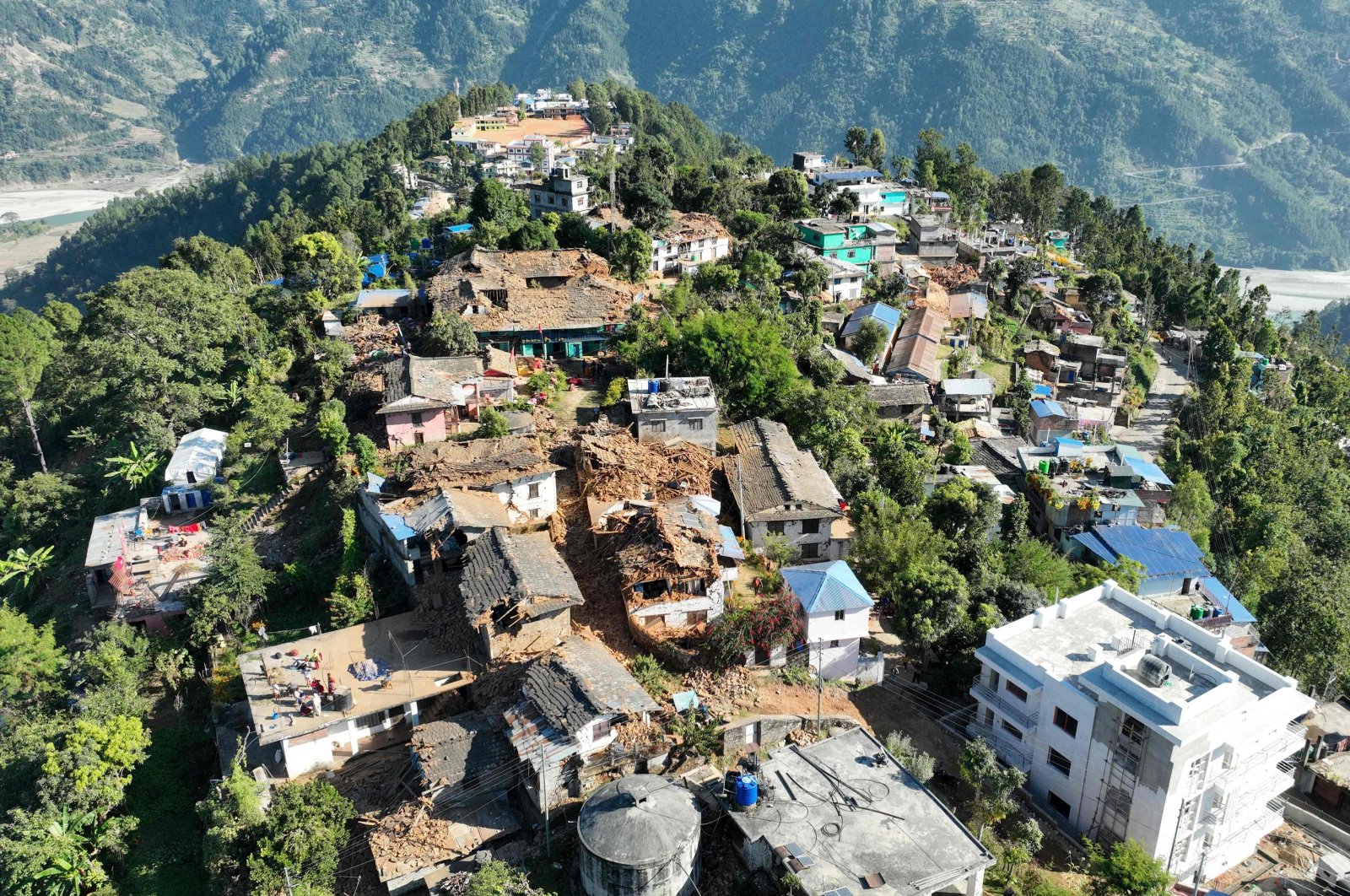 An aerial picture shows damaged buildings in Jajarkot district on Nov. 4, 2023. (Reuters Photo)