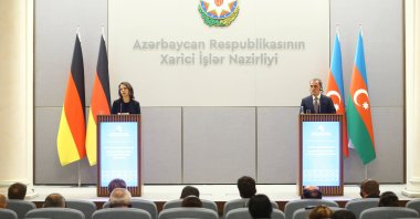 German Foreign Minister Annalena Baerbock (L) and Azerbaijani Foreign Minister Jeyhun Bayramov (R) hold a news conference after talks in Baku, Azerbaijan, Nov. 4, 2023. (AA Photo)