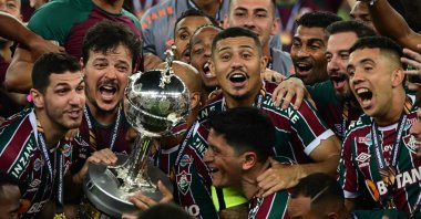 Fluminense players celebrate winning the Copa Libertadores final against Argentina&#039;s Boca Juniors at the Maracana in Rio de Janeiro, Brazil, Nov. 4, 2023. (AFP Photo)