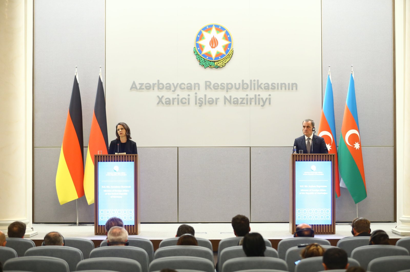 German Foreign Minister Annalena Baerbock (L) and Azerbaijani Foreign Minister Jeyhun Bayramov (R) hold a news conference after talks in Baku, Azerbaijan, Nov. 4, 2023. (AA Photo)