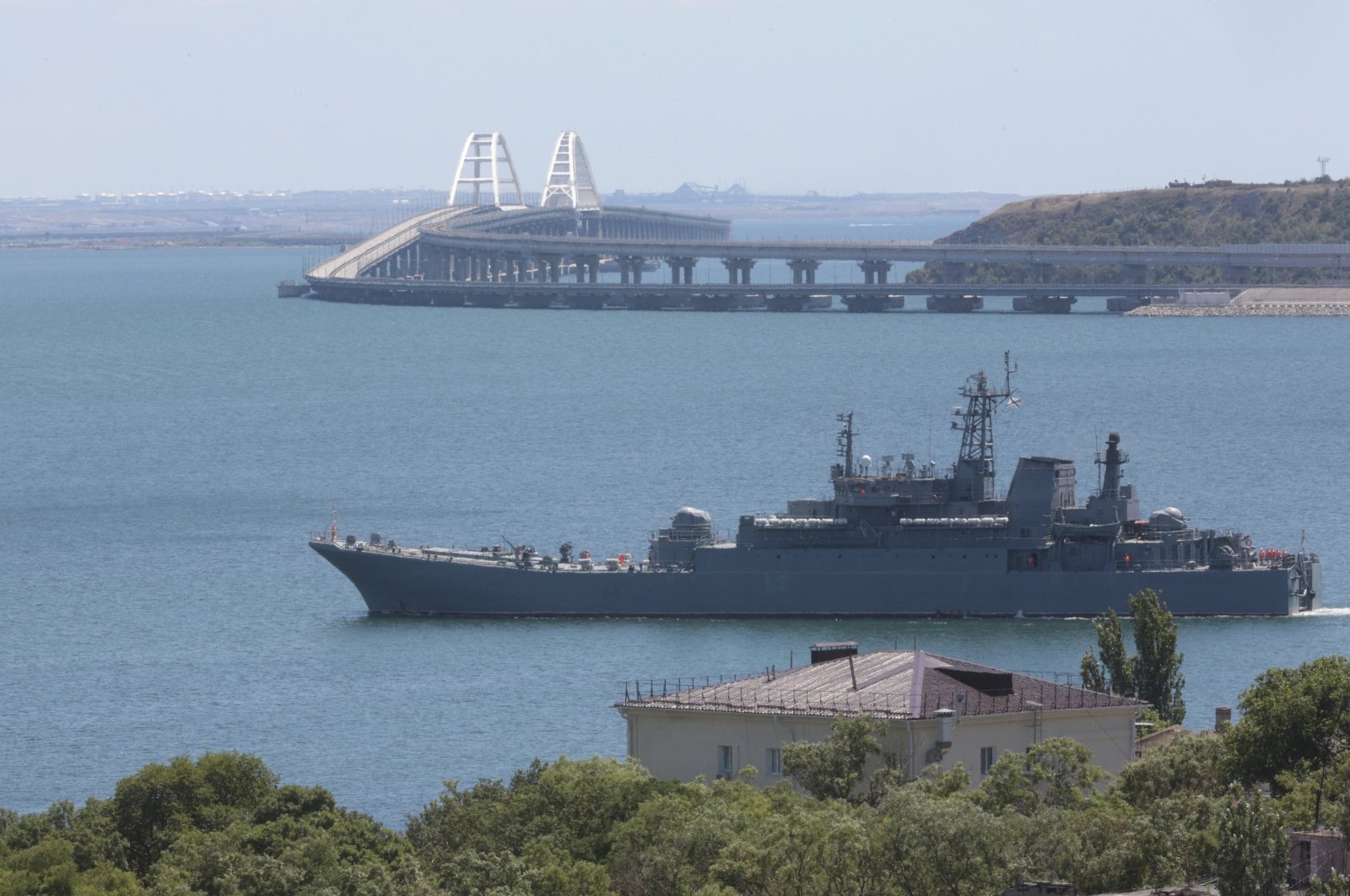 A Russian military landing ship is seen near Kerch, Crimea, July 17, 2023. (AP Photo)