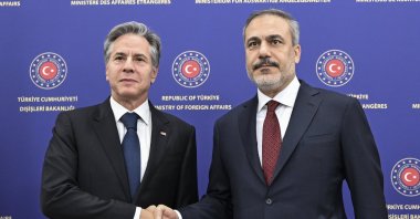 Foreign Minister Hakan Fidan (R) shakes hands with U.S. Secretary of State Antony Blinken ahead of a one-on-one meeting in the Turkish capital, Ankara, Türkiye, Nov. 6, 2023. (AA Photo)