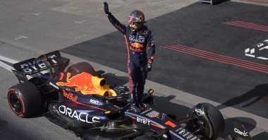 Red Bull Racing&#039;s Max Verstappen celebrates after winning the Formula One Brazil Grand Prix at the Autodromo Jose Carlos Pace racetrack, Sao Paulo, Brazil, Nov. 5, 2023. (AFP Photo)