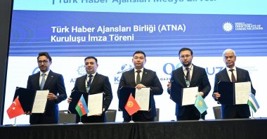 Chairs of the state news agencies of five countries of the Turkic world, namely Türkiye, Azerbaijan, Kyrgyzstan, Kazakhstan and Uzbekistan, during a meeting where they signed agreements to form the Association of Turkic News Agencies (ATNA), Istanbul, Türkiye, Nov. 6, 2023. (AA Photo)