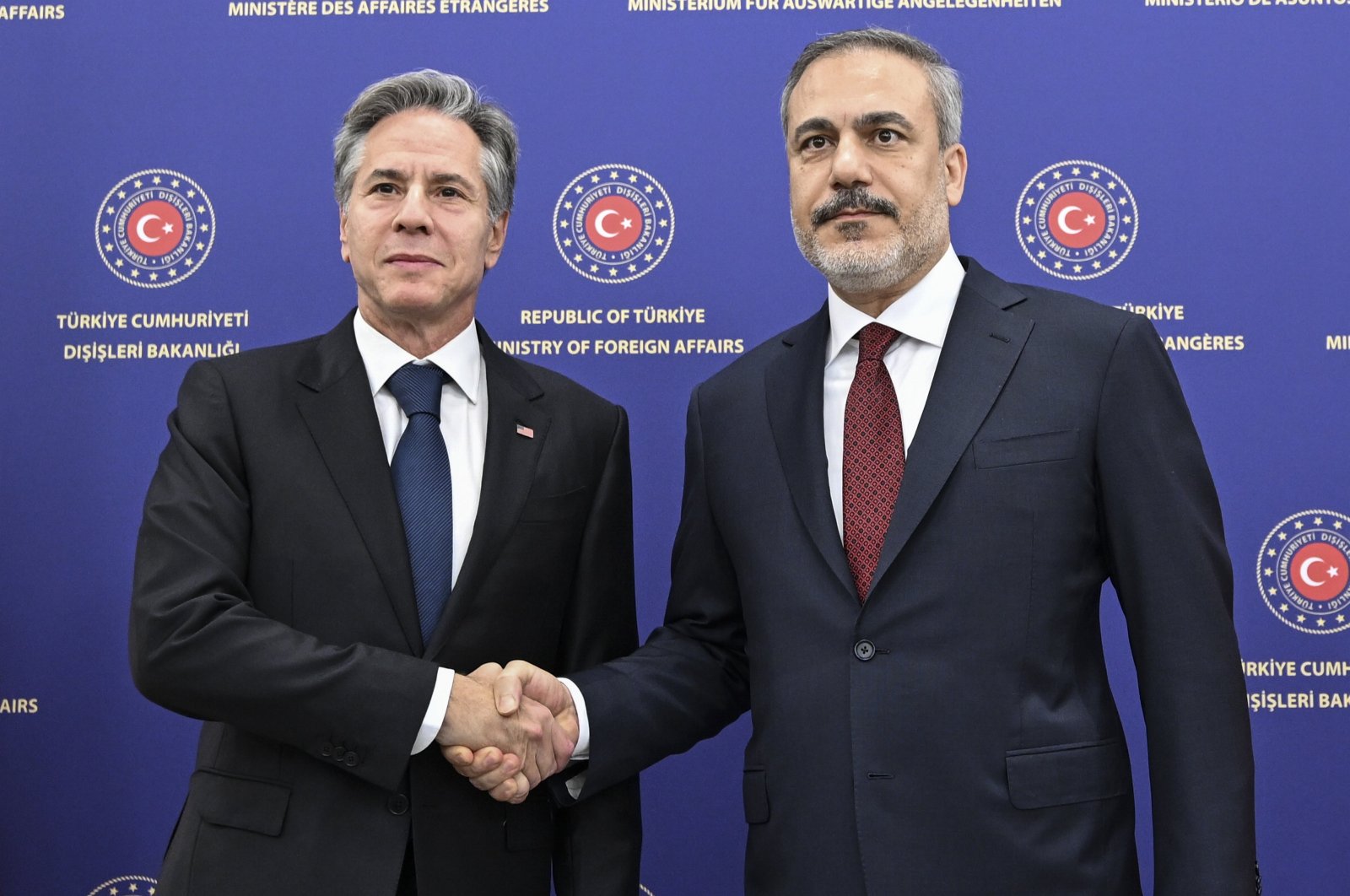 Foreign Minister Hakan Fidan (R) shakes hands with U.S. Secretary of State Antony Blinken ahead of a one-on-one meeting in the Turkish capital, Ankara, Türkiye, Nov. 6, 2023. (AA Photo)