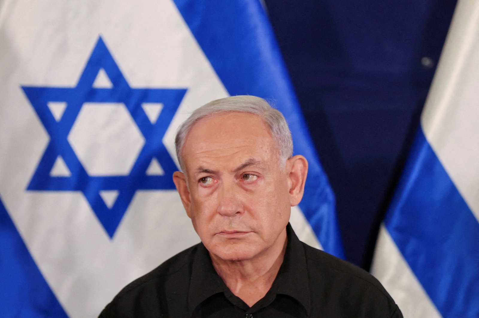 Israeli Prime Minister Benjamin Netanyahu during a press conference with Defense Minister Yoav Gallant and Cabinet Minister Benny Gantz in the Kirya military base in Tel Aviv, Israel, Oct. 28, 2023. (Reuters Photo)