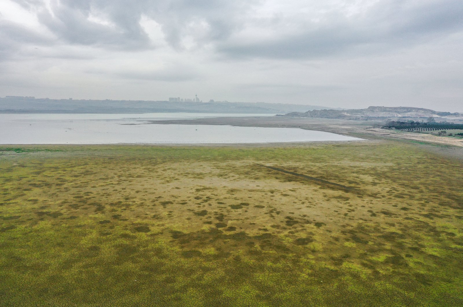 An aerial view taken by drone shows the drought-hit Lake Büyükçekmece in Istanbul, Türkiye, Nov. 5, 2023. (AA Photo)