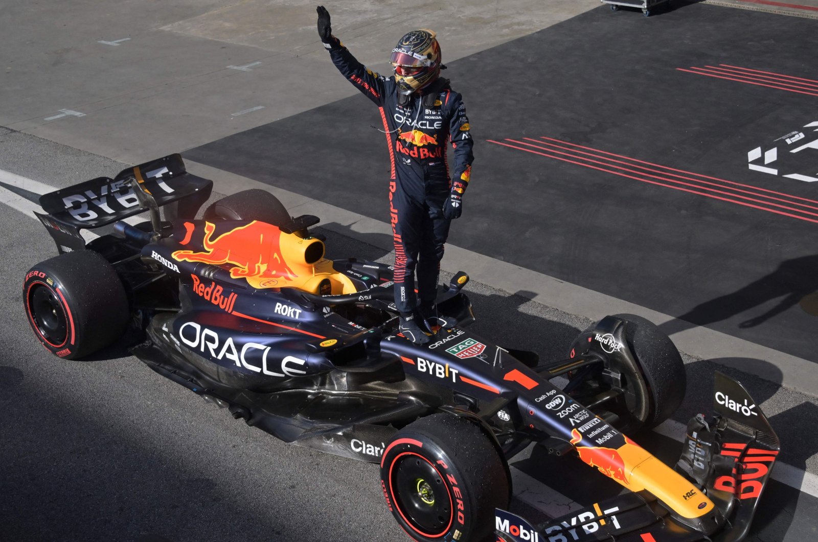 Red Bull Racing&#039;s Max Verstappen celebrates after winning the Formula One Brazil Grand Prix at the Autodromo Jose Carlos Pace racetrack, Sao Paulo, Brazil, Nov. 5, 2023. (AFP Photo)