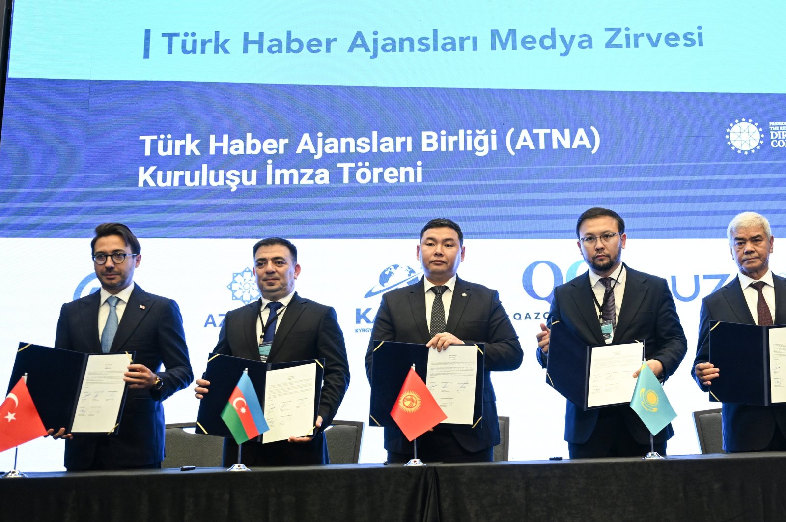 Chairs of the state news agencies of five countries of the Turkic world, namely Türkiye, Azerbaijan, Kyrgyzstan, Kazakhstan and Uzbekistan, during a meeting where they signed agreements to form the Association of Turkic News Agencies (ATNA), Istanbul, Türkiye, Nov. 6, 2023. (AA Photo)