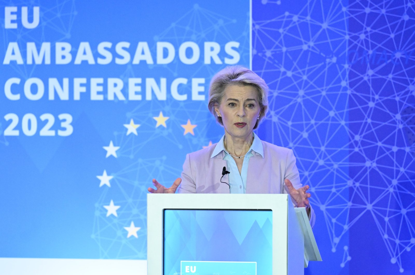 Ursula von der Leyen speaks at the EU Ambassadors Conference in Brussels, Nov. 6, 2023. (AA Photo)