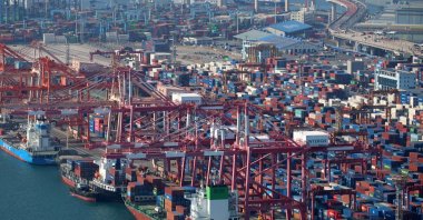 An aerial view of a container pier in South Korea's southeastern port city of Busan, South Korea, Nov. 1, 2023. (EPA Photo)