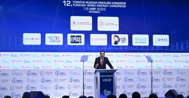 Energy and Natural Resources Minister Alparslan Bayraktar delivers a speech during the 12th Turkish Wind Energy Congress (TWEC), Istanbul, Türkiye, Nov. 7, 2023. (AA Photo)