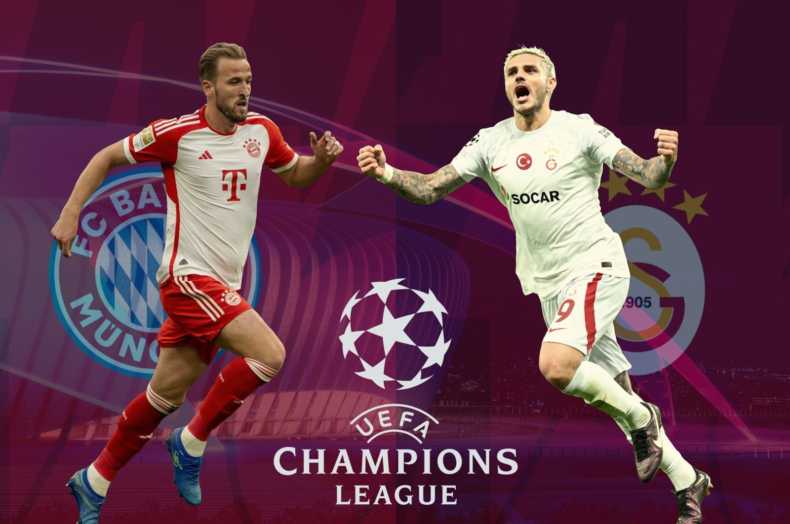 The UEFA Champions League illustration shows Bayern Munich&#039;s Harry Kane (L) and Galatasaray&#039;s Mauro Icardi. (Illustrations by Kelvin Ndunga)