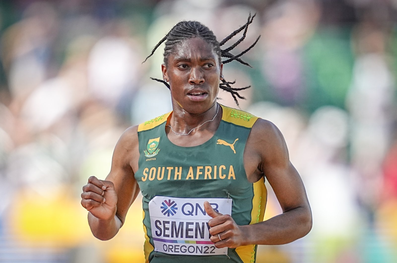 South Africa&#039;s Caster Semenya sprints during the World Championship 5,000-meter Round 1 race, Eugene, Oregon, U.S., July 20, 2022. (Getty Images Photo)