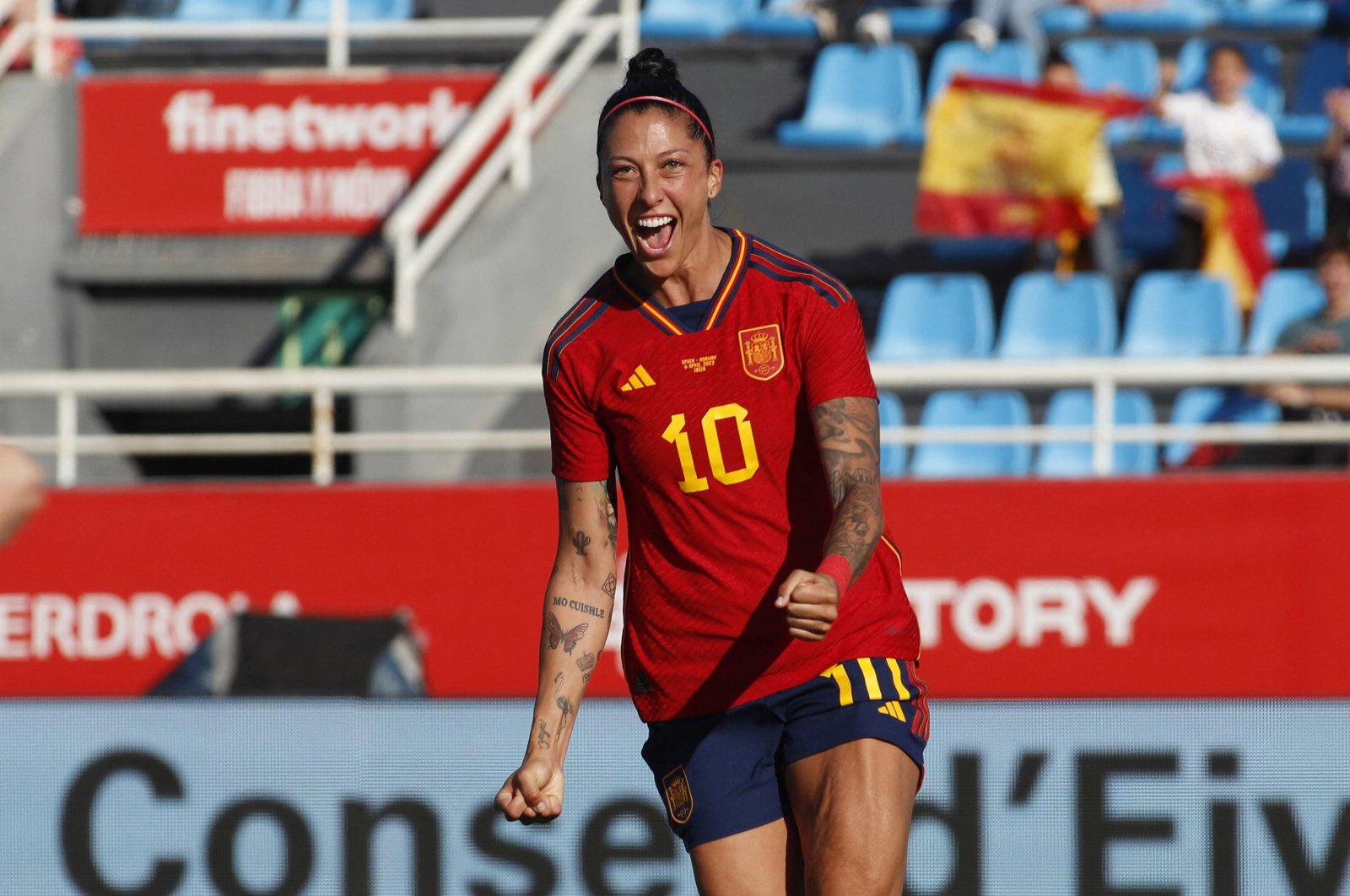 Spain&#039;s forward Jenni Hermoso celebrates scoring a goal during the women&#039;s international friendly football match between Spain and Norway at the Can Misses stadium, Ibiza, Spain, April 6, 2023. (AFP Photo)