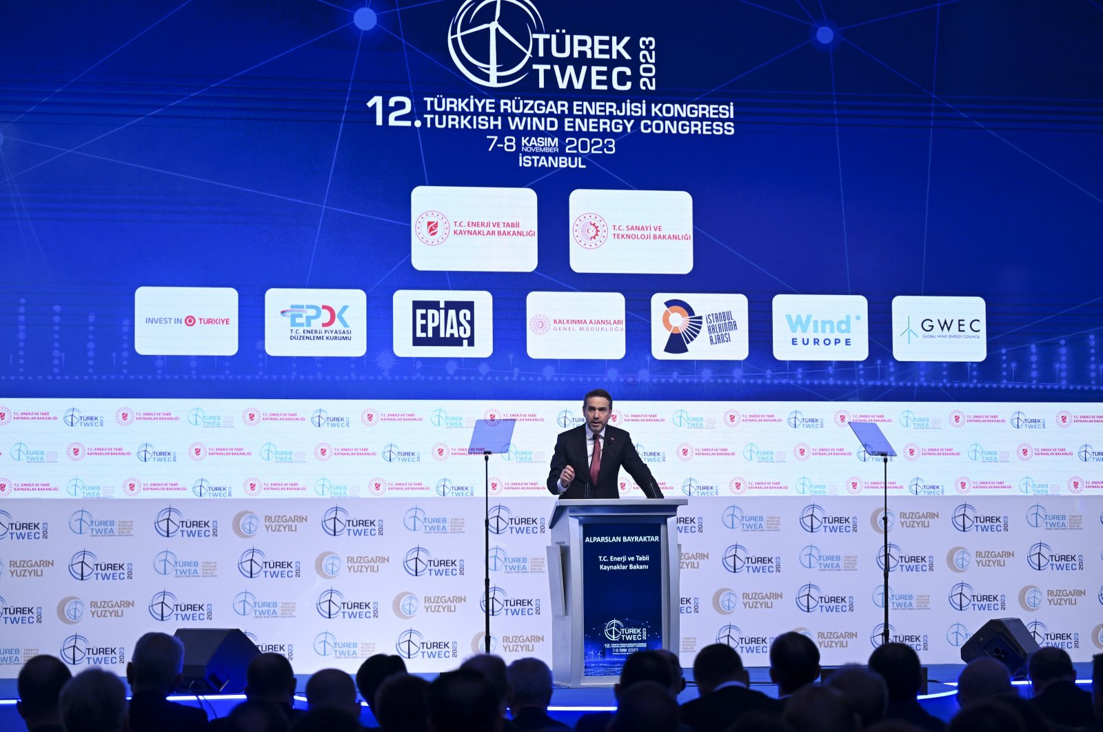 Energy and Natural Resources Minister Alparslan Bayraktar delivers a speech during the 12th Turkish Wind Energy Congress (TWEC), Istanbul, Türkiye, Nov. 7, 2023. (AA Photo)