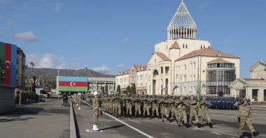 Azeri servicemen attend a military parade marking the third anniversary of the victory in the Karabakh war, in Khankendi, Azerbaijan, Nov. 8, 2023. (EPA Photo)