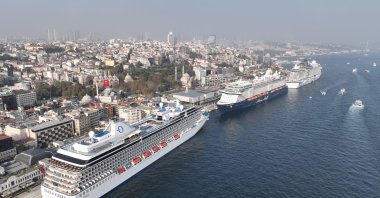 An aerial view of cruisers docked at Galataport, Istanbul, Türkiye, Nov. 1, 2023. (IHA Photo)