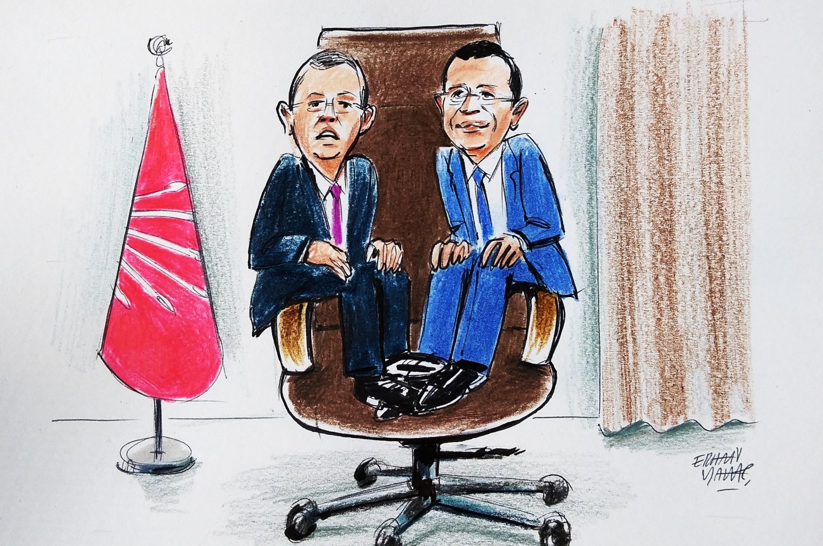 The illustration mocks Özgür Özel (L), the new chairman of the main opposition Republican People&#039;s Party (CHP), and Istanbul Mayor Ekrem Imamoğlu sitting on the top of the chair of the CHP chairmanship with the flag of the party seen in the left background. (Illustration by Erhan Yalvaç)