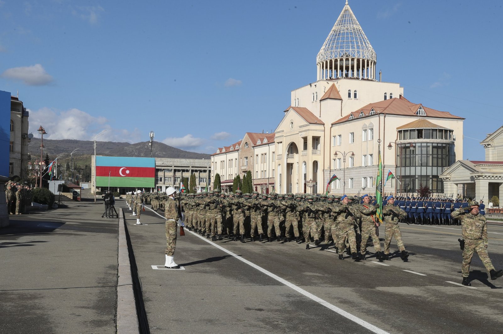 Azeri servicemen attend a military parade marking the third anniversary of the victory in the Karabakh war, in Khankendi, Azerbaijan, Nov. 8, 2023. (EPA Photo)