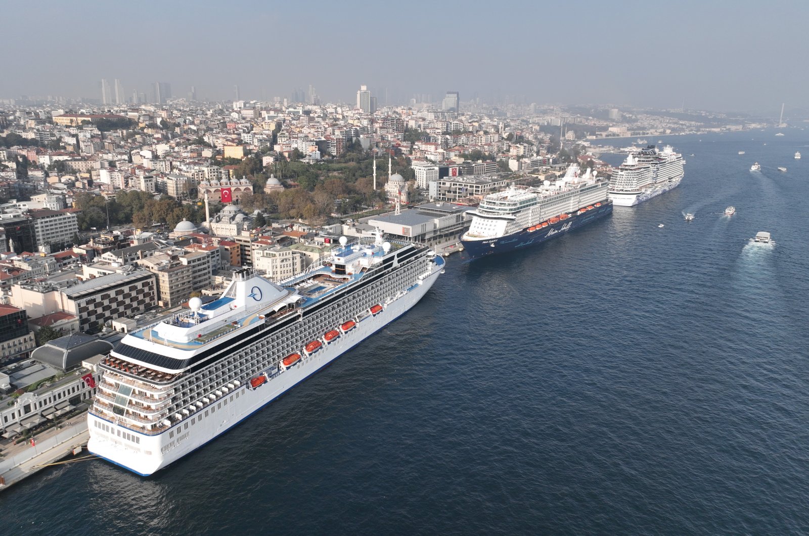 An aerial view of cruisers docked at Galataport, Istanbul, Türkiye, Nov. 1, 2023. (IHA Photo)