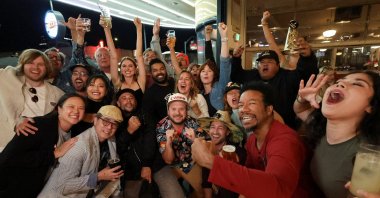 People celebrate at a brewery after the SAG-AFTRA TV/Theatrical Committee approved a tentative agreement with the Alliance of Motion Picture and Television Producers (AMPTP) to bring an end to the 118-day actors strike, Los Angeles, California, U.S., Nov. 8, 2023. (Reuters Photo)