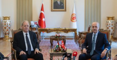 Parliament Speaker Numan Kurtulmuş (R) speaks to reporters with Palestinian National Council Chairperson Rawhi Fattouh, in the capital Ankara, Türkiye, Nov. 9, 2023. (Courtesy of the Turkish Parliament)