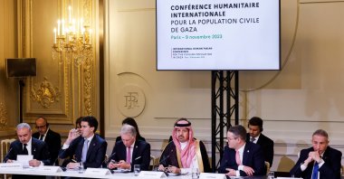 Palestinian Prime Minister Mohammad Shtayyeh (L) attends an international humanitarian conference for the civilian population in Gaza, Paris, France, Nov. 9, 2023. (EPA Photo)
