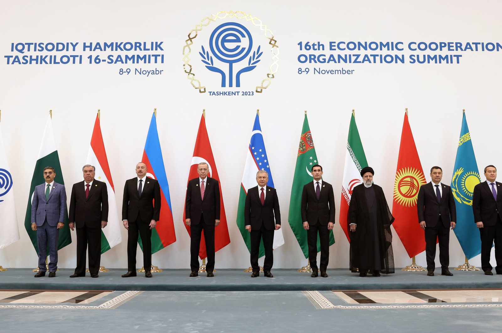 President Recep Tayyip Erdoğan (C) poses for a family photo shoot with heads of state of the Economic Cooperation Organization (ECO), Tashkent, Uzbekistan, Nov. 9, 2023. (DHA Photo)