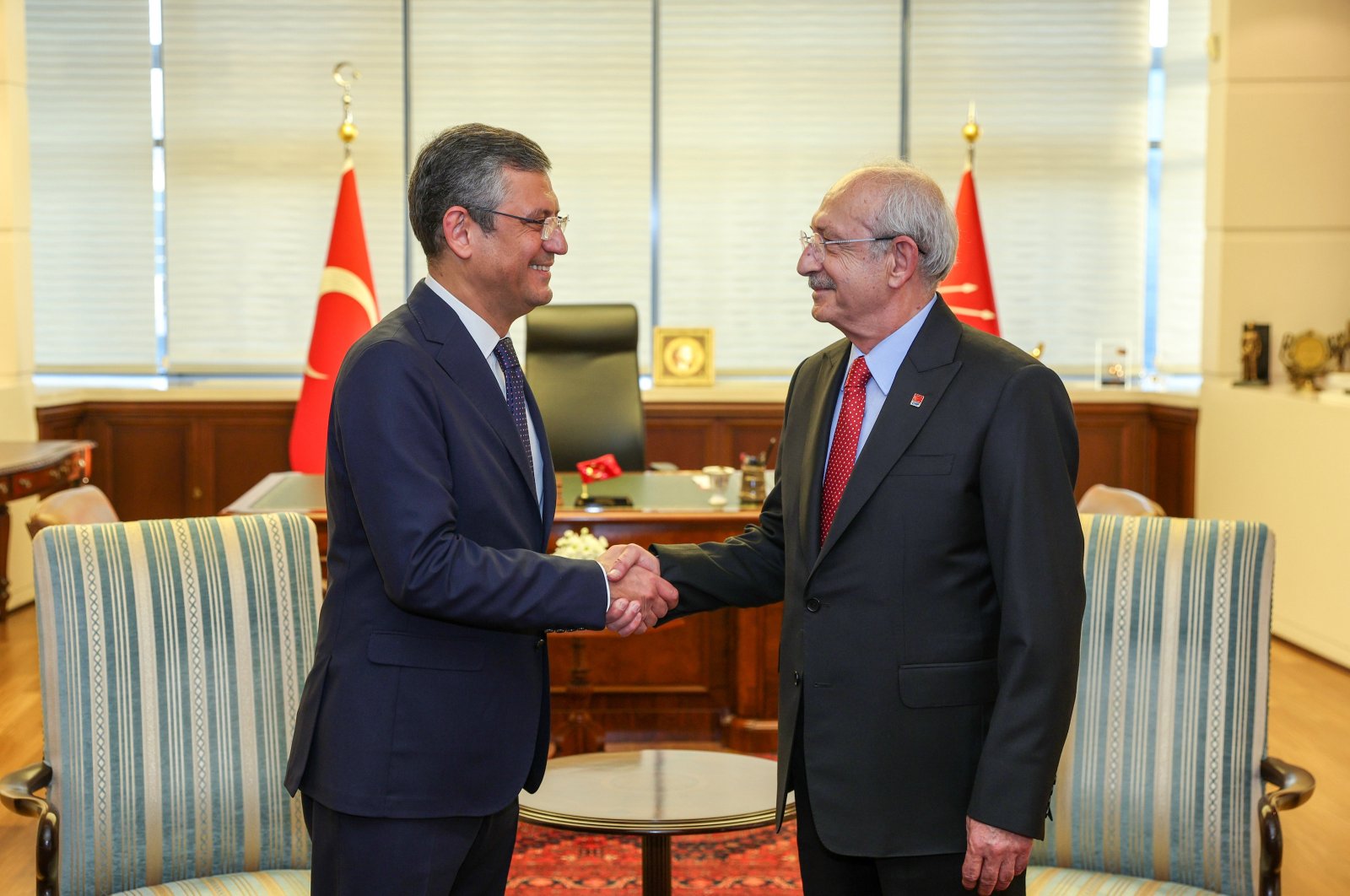 Özgür Özel (L) takes over the chairmanship of the Republican People’s Party (CHP) from its former leader Kemal Kılıçdaroğlu in the capital Ankara, Türkiye, Nov. 8, 2023 (AA Photo)