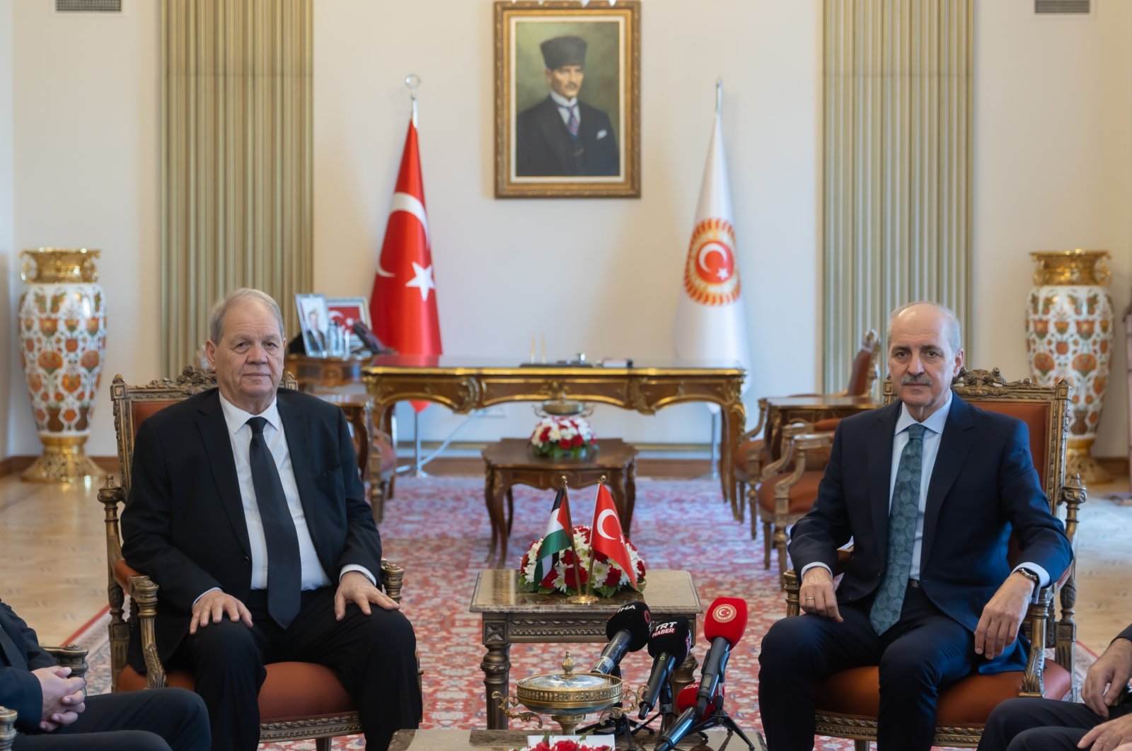 Parliament Speaker Numan Kurtulmuş (R) speaks to reporters with Palestinian National Council Chairperson Rawhi Fattouh, in the capital Ankara, Türkiye, Nov. 9, 2023. (Courtesy of the Turkish Parliament)