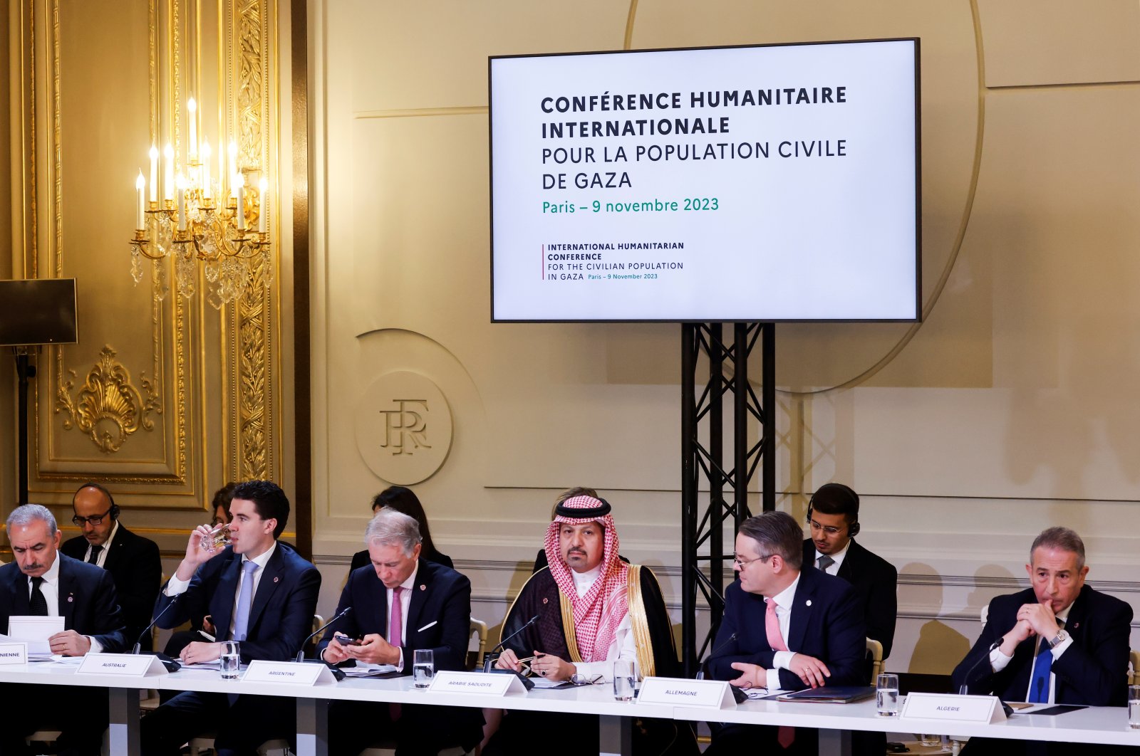 Palestinian Prime Minister Mohammad Shtayyeh (L) attends an international humanitarian conference for the civilian population in Gaza, Paris, France, Nov. 9, 2023. (EPA Photo)